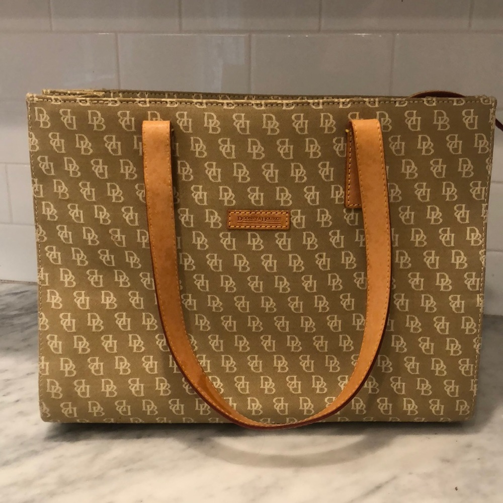 Dooney & Bourke Signature Logo Bag Tan/Cream pink interior w/ original reg card